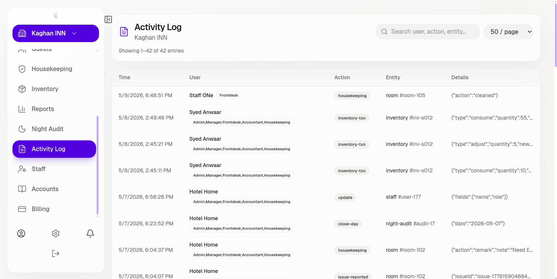 Activity log — Hostanova Core product screenshot