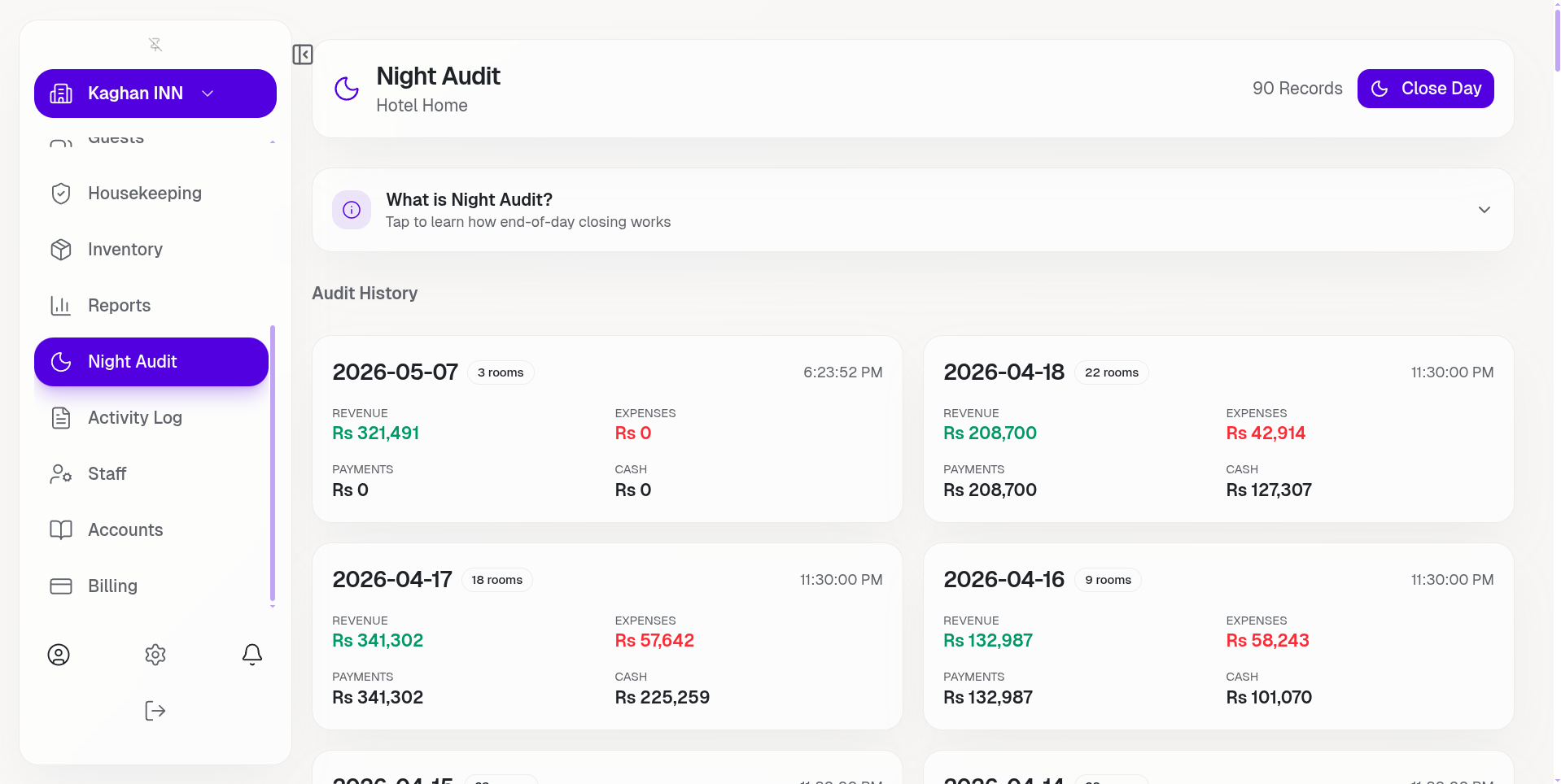 Night audit — Hostanova Core product screenshot