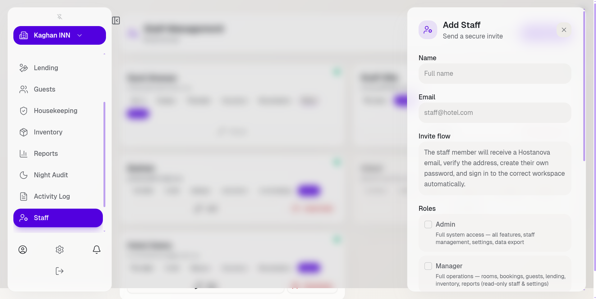 Staff management — Hostanova Core product screenshot